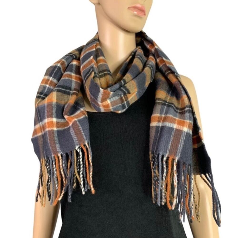 Bear & Beech Scarf Wrap Italian 100% Wool Multicolor Plaid Fringe 60X14 Unisex